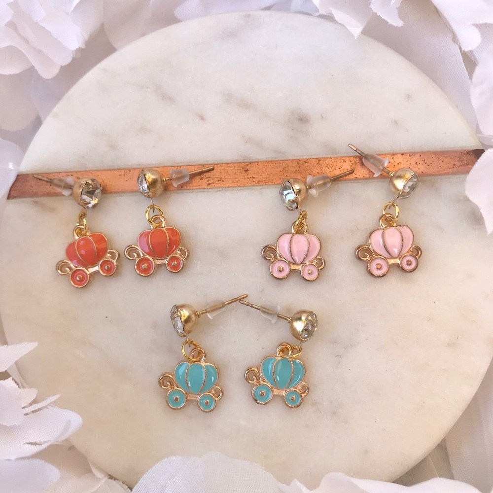 Pumpkin Carriage Rhinestone Post Dangle Earrings NWT